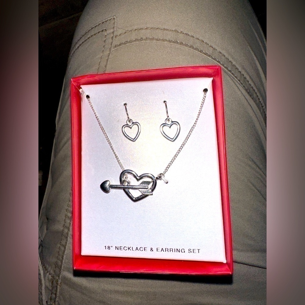3 For $35 Silver Tone Heart and Arrow Necklace and Earrings Set